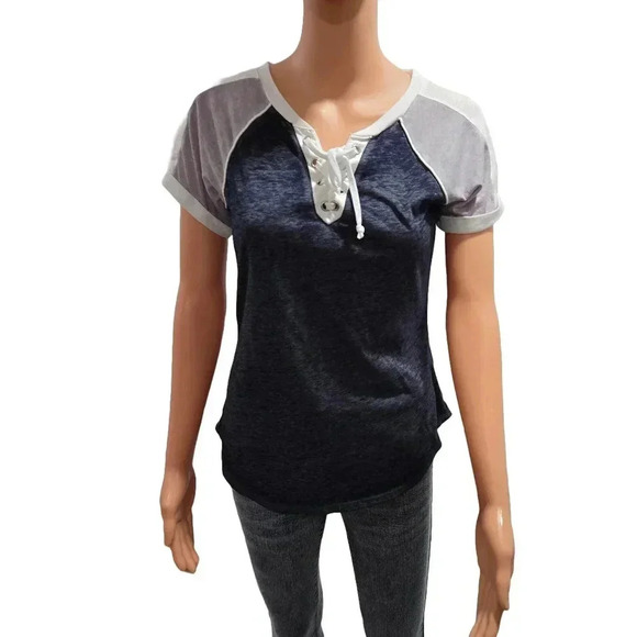 Navy and White Lace-Up Casual Top - Picture 4 of 10